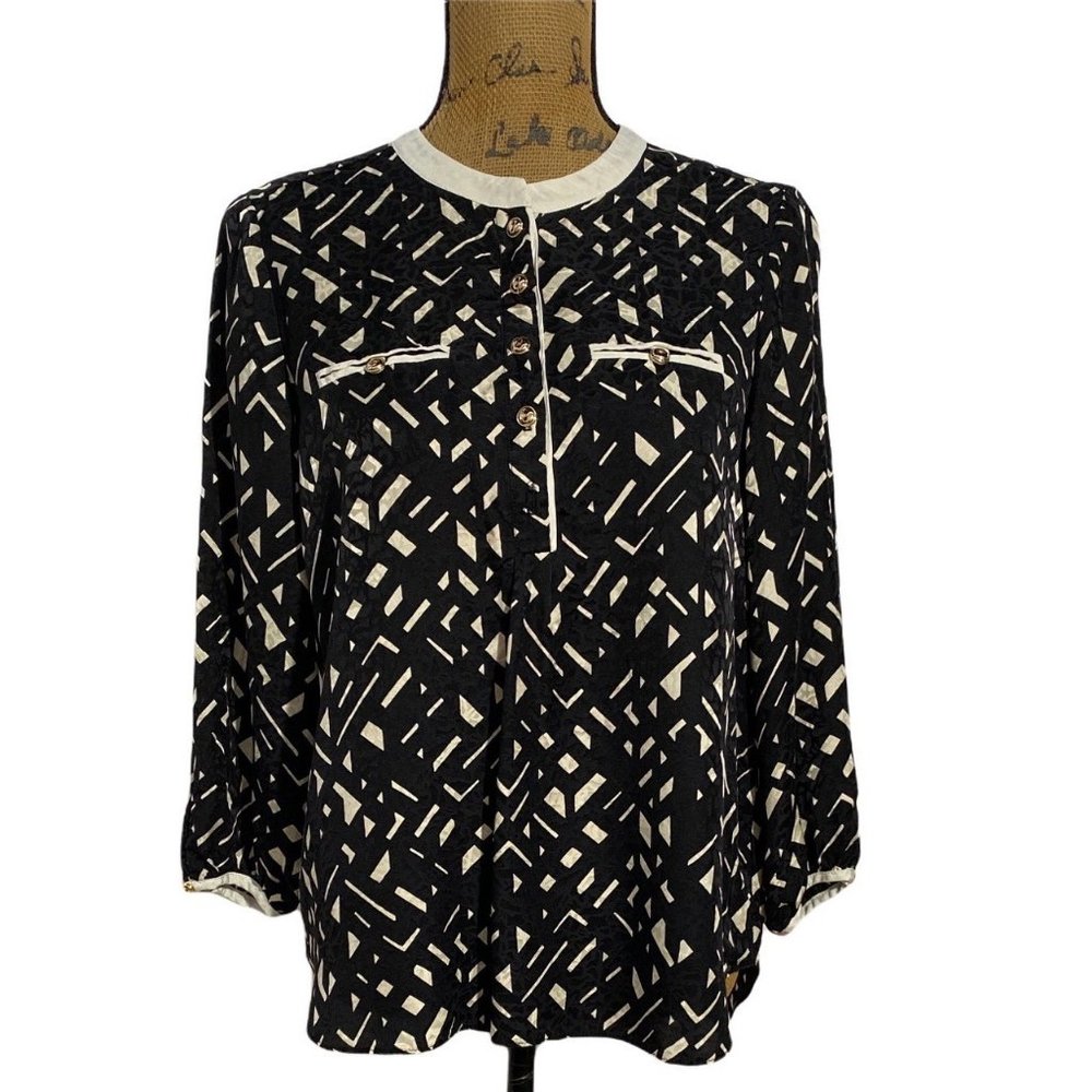 Alice And Trixie M Tunic Top‎ Blouse Black Ivory Geometric Print Gold Button